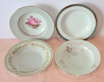 Vintage Mismatched Four Soup Bowls Rimmed Gold White Floral Japan Bavaria