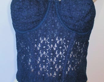 Vintage Maidenform Cotton Couture 3213 Lace Bustier NAVY BLUE 36C Very Light Use