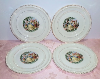 Vintage SCIO 4 Dinner Plates SC8 Courting Dancing Couple Gold Gadroon Pie Crust Rim