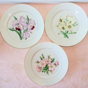 May include: Three white ceramic plates with gold trim, each featuring a different floral design. The first plate has pink and purple orchids, the second has white daffodils, and the third has pink roses.