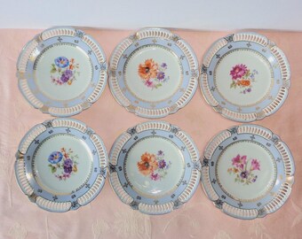Vintage Antique Germany 6 Plates Salad Pierced Rim Floral Designs Gold Filigree