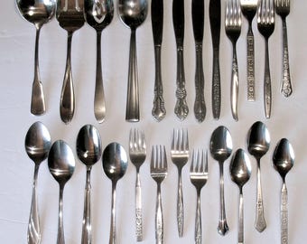 Vintage Mismatched Flatware 24 Pc Set 4 Place Settings Dinner Knife Fork Soup Spoon Teaspoon Salad Dessert Serving