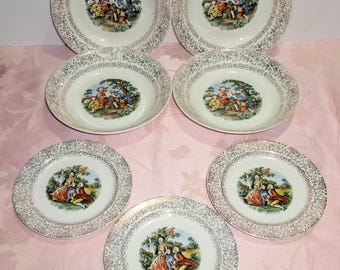 Vintage Cronin China USA 7 Pcs Soup Bowl Bread Dessert Plate Courting Couple Gold Filigree