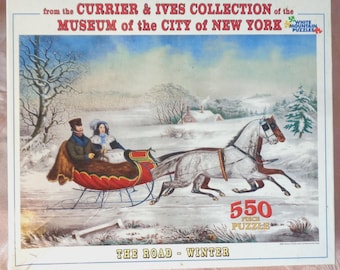 White Mountain The Road-Winter Puzzle Currier & Ives 550 Pc Horses Sleigh Ride