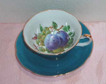 Royal Grafton England Tea Cup and Saucer Teal Blue Fruit Plums Turquoise Gold