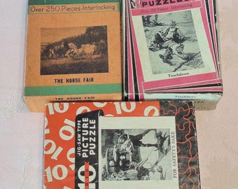 Vintage Jigsaw 3 Puzzles Big 10 Perfect Picture 250+ Pieces 3 Missing Horse Fair Touchdown Safety's Sake