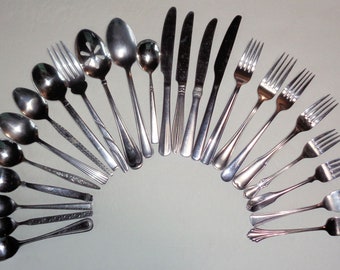 European Large Size Mismatched Flatware 24 Pc Set 4 Place Settings Dinner Knife Fork Soup Spoon Teaspoon Salad Dessert Serving
