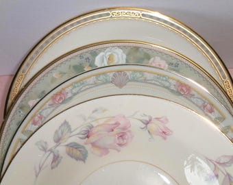 Mismatched Vintage Rimmed Soup Bowls Ivory Gold Roses
