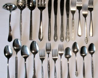 Mismatched Vintage Flatware 24 Pc Set 4 Place Settings Dinner Knife Fork Soup Spoon Teaspoon Salad Dessert Serving