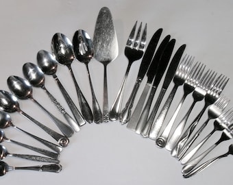 Vintage Mismatched European Large Size Flatware 24 Pc Set 4 Place Settings Dinner Knife Fork Soup Spoon Teaspoon Salad Dessert Serving