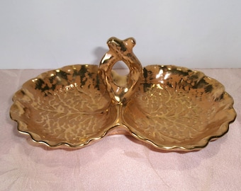 Vintage Stangl Granada Gold Leaf Two-Part Server Relish Candy Nuts Snacks Tidbit
