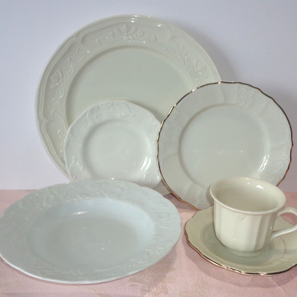 Vintage Mismatched Place Setting Embossed Ivory and White 6 Pcs Plate Dinner Salad Dessert Bread Soup Bowl Cup Saucer