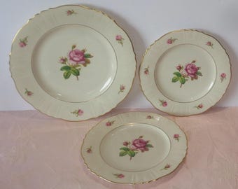 Syracuse China VICTORIA Federal Shape 3 Pcs Plate Dinner Salad Cabbage Rose NICE