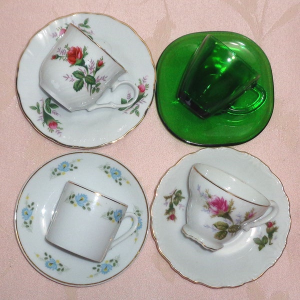 Vintage Mismatched Demitasse Set 4 Small Cups and Saucers Floral Moss Rose Green Glass Turkish Coffee Espresso
