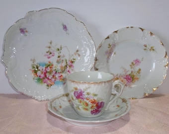 Mismatched Antique Brunch Tea 4 Pc Set Cup Saucer Salad Plate Dessert Plate