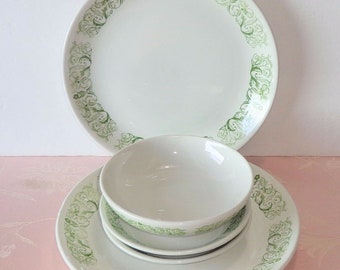 Caribe Restaurant Ware 5 Pcs Plates Bowl Saucers Green Floral Arabesque Scrolls