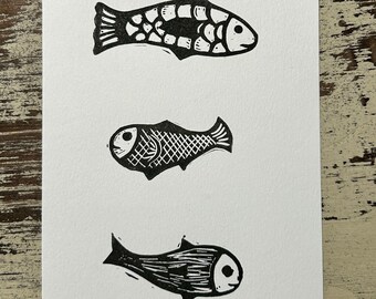 Tres peces tirados a mano impresión en bloque original
