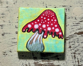 Polka Dotted Mushroom mini acrylic magnet painting on canvas