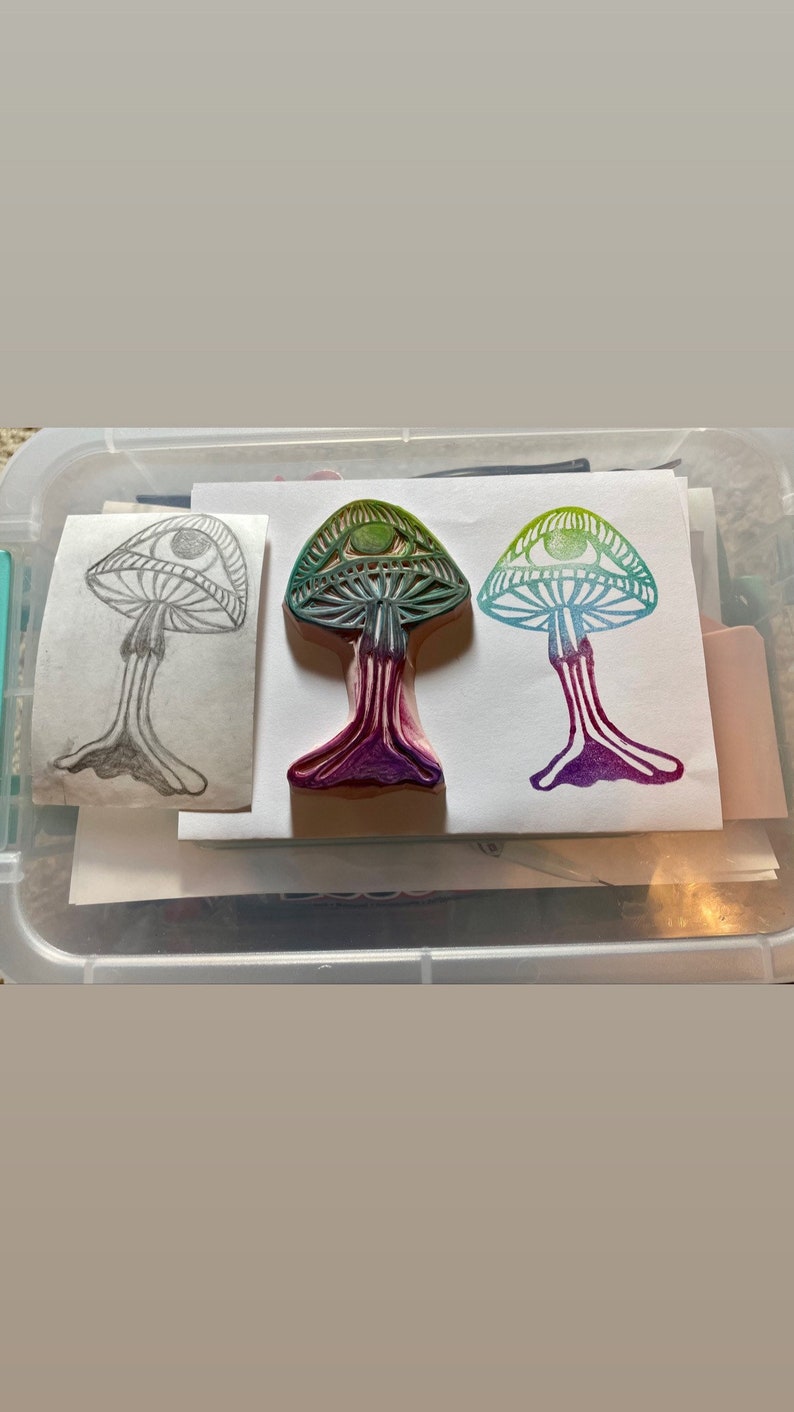 Golden teacher psychedelic mushroom hand carved rubber stamp image 4