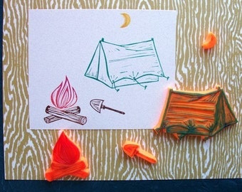 camping tent fire tools hand carved rubber stamp set