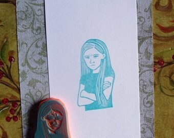 angry girl hand carved rubber stamp