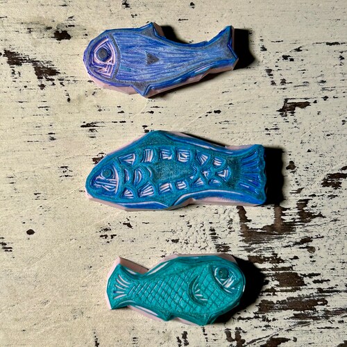 Three little fish hand carved rubber stamp set