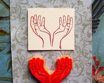 cupped hands and sacred heart hand carved rubber stamp