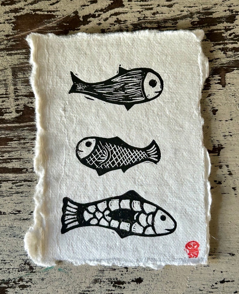 Three Fishes hand pulled original block print image 1