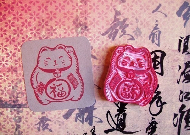 Lucky Cat hand carved stamp image 1