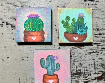 Set of 3 succulents mini acrylic magnet paintings on canvas