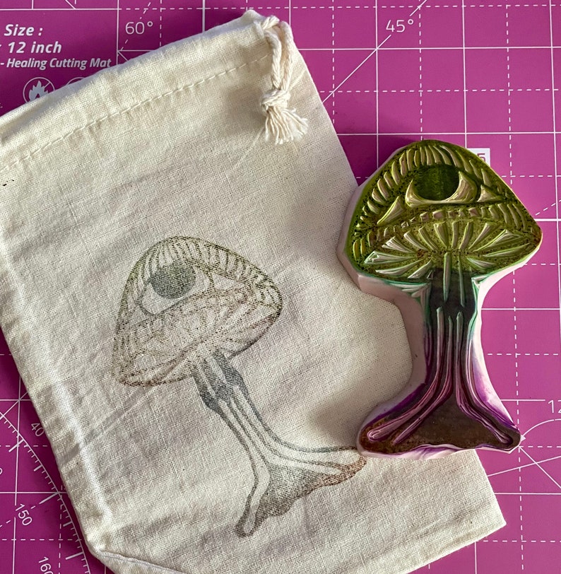 Golden teacher psychedelic mushroom hand carved rubber stamp image 2