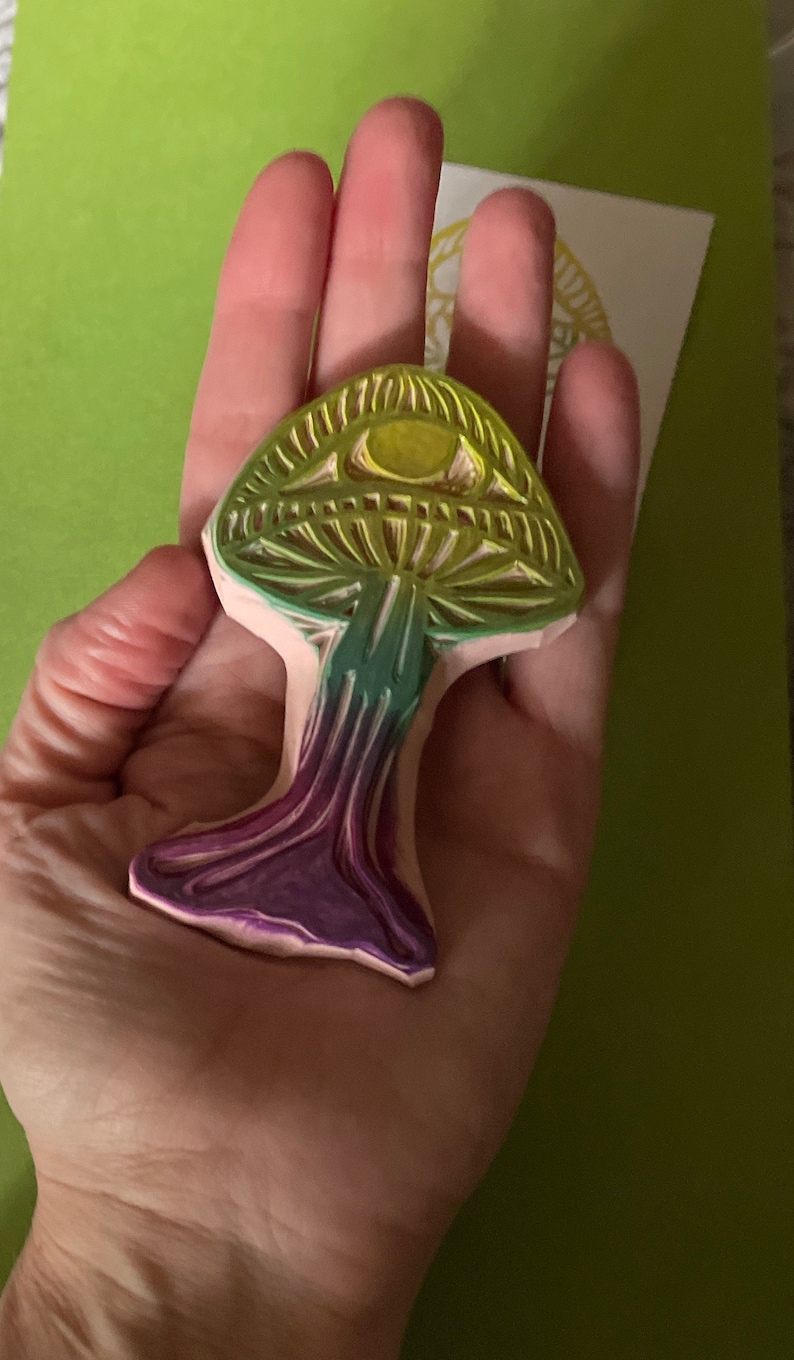 Golden teacher psychedelic mushroom hand carved rubber stamp image 5