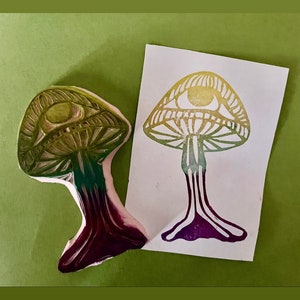 Golden teacher psychedelic mushroom hand carved rubber stamp image 3