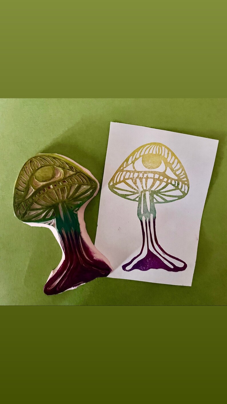 Golden teacher psychedelic mushroom hand carved rubber stamp image 3