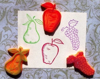 apple pear and grapes fruit hand carved stamp set