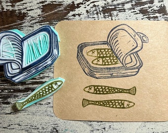 Sardine tin can with sardine hand carved rubber stamp set