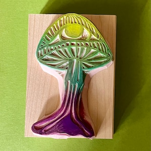 Golden teacher psychedelic mushroom hand carved rubber stamp image 1
