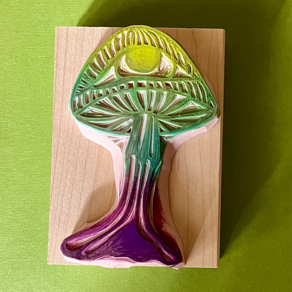 Golden teacher psychedelic mushroom hand carved rubber stamp