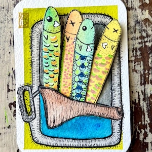 Sardines In Tin Interactive ACEO Original Watercolor mini 2.5x3.5” Collectible Art Card