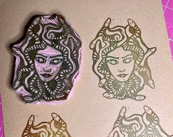 Medusa gorgon head hand carved rubber stamp