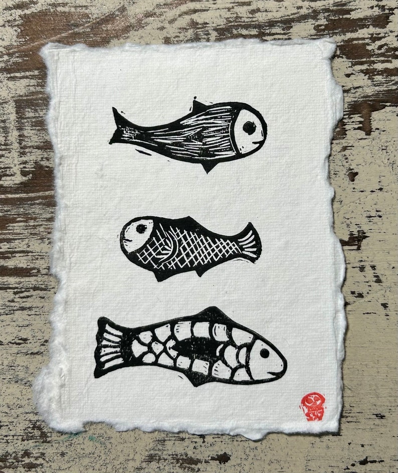 Three Fishes hand pulled original block print image 2