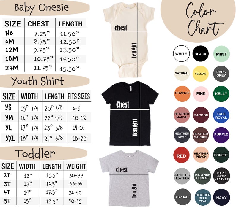 Op de afbeelding: Maattabel voor baby onesies, jeugd shirts en peuter shirts. De tabel bevat maten voor borst, lengte, breedte en gewicht. De tabel bevat ook een kleurenkaart met verschillende kleuren en kleurnamen.