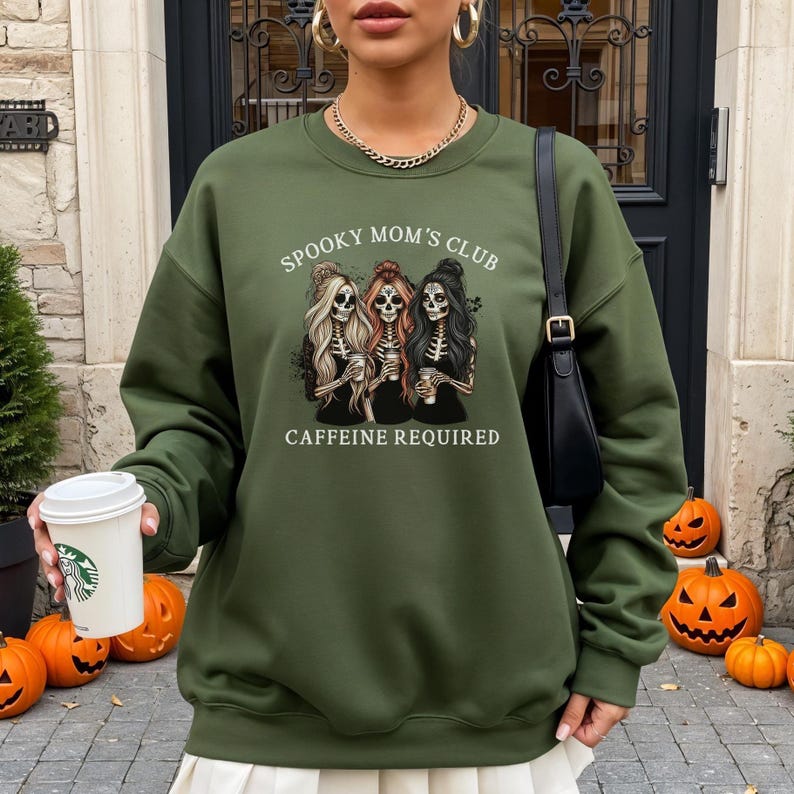 Spooky Mom Halloween Sweatshirt: Caffeine Skeleton Mama Shirt Military Green