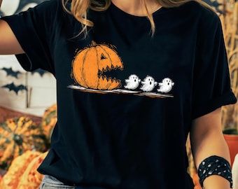 Camiseta divertida de Halloween: Camiseta gráfica con fantasmas comiendo calabazas