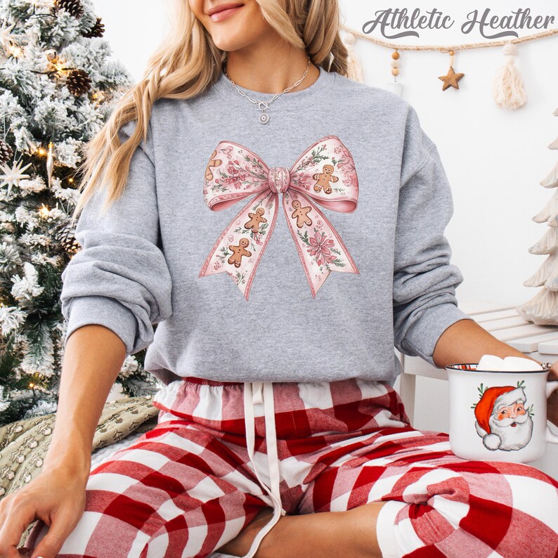 Pink Christmas Bow Sweatshirt: Coquette Gingerbread Floral Xmas Hoodie Athletic Heather