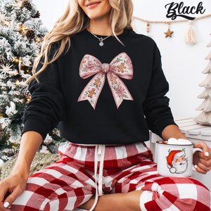 Pink Christmas Bow Sweatshirt: Coquette Gingerbread Floral Xmas Hoodie Black
