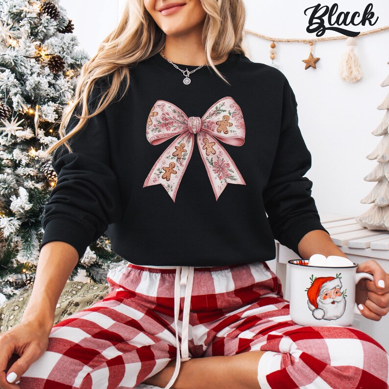 Pink Christmas Bow Sweatshirt: Coquette Gingerbread Floral Xmas Hoodie Black