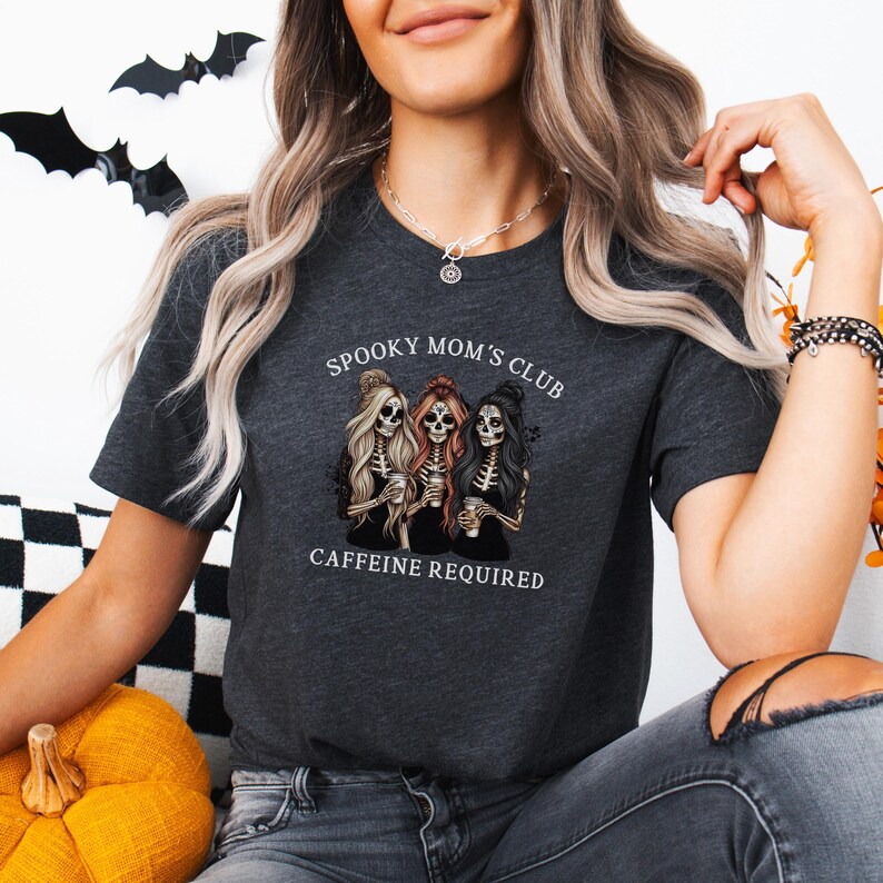 Spooky Mom Halloween Sweatshirt: Caffeine Skeleton Mama Shirt Heather Dark Gray