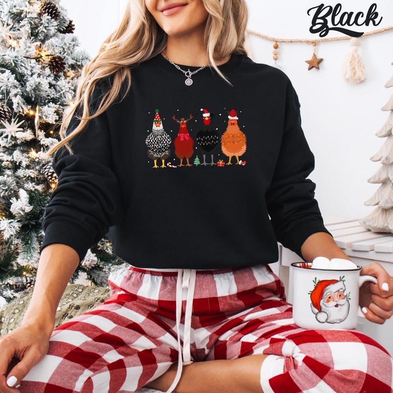 Funny Christmas Chickens Sweatshirt: Holiday Farm Crewneck Black