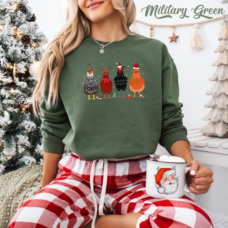 Funny Christmas Chickens Sweatshirt: Holiday Farm Crewneck Military Green